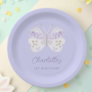 Lavender Watercolor Butterfly 1st Birthday Party Paper Plates