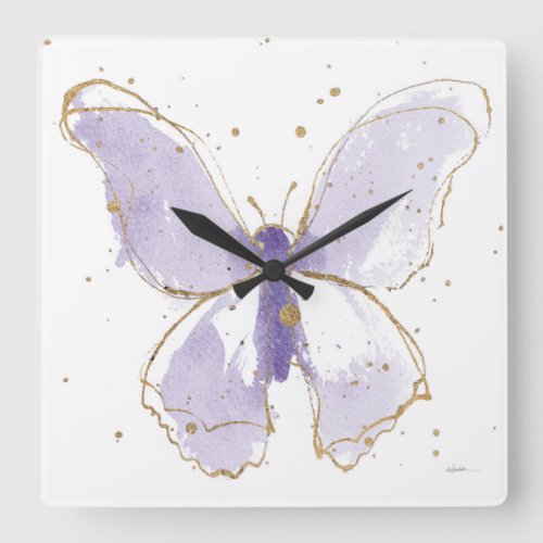 Lavender Watercolor Butterfly Square Wall Clock