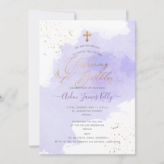 Lavender Watercolor Christening+1st Birthday Invit Invitation (Front)