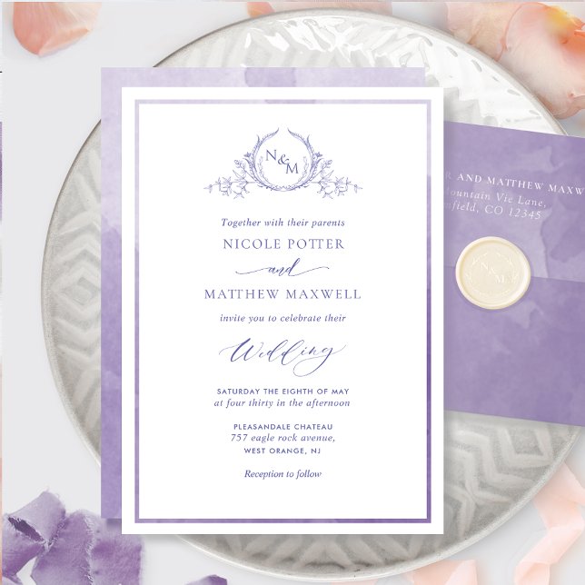 Lavender, Watercolor Elegant Monogram Wedding Invitation (Creator Uploaded)