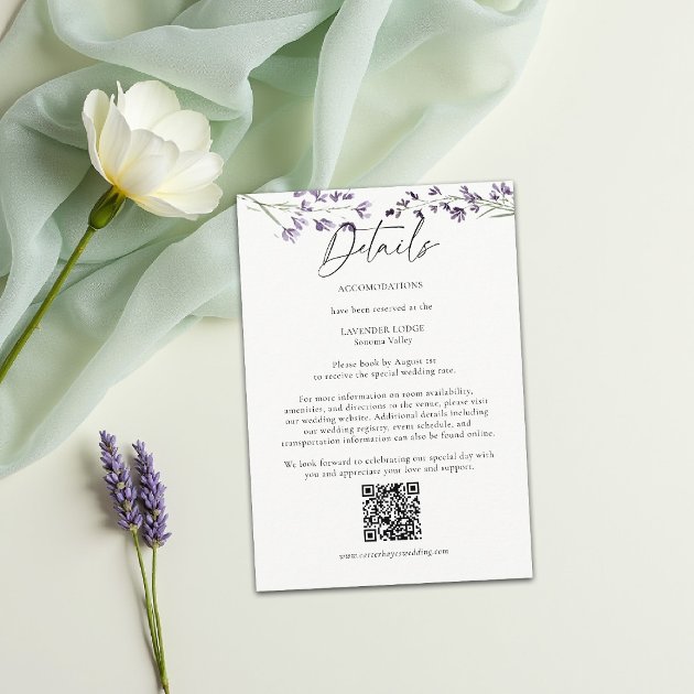 Lavender watercolor elegant QR wedding details enclosure card — Pencil Owl Studios