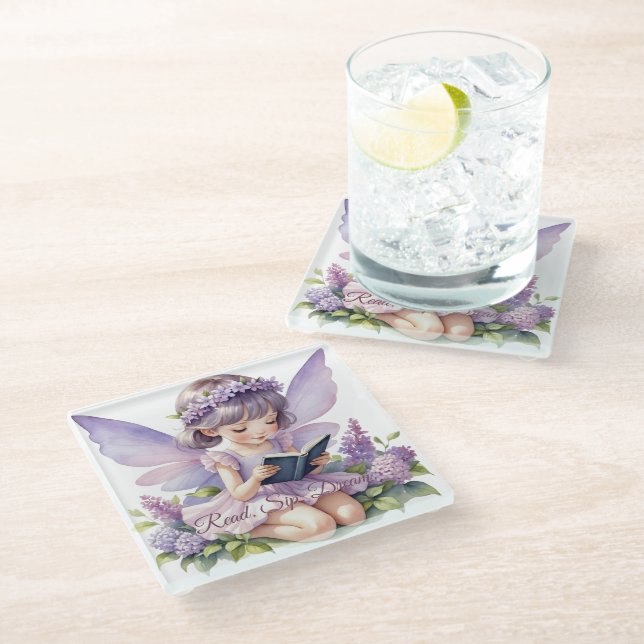 Lavender Watercolor Fairy Reading Book Glass Coaster (Angled)