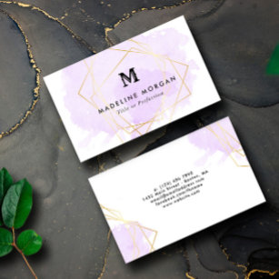 Lavender Watercolor Faux Gold Geometric Monogram Business Card