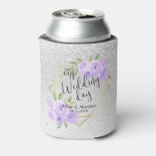 Lavender Watercolor Floral and White Glitter Can Cooler