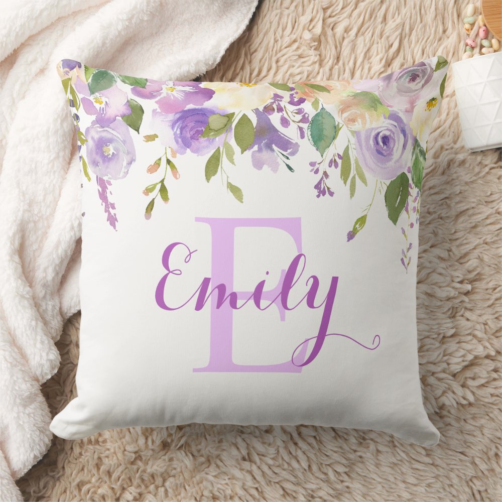 Pretty Floral Girl's Monogram Personalized Name Throw Pillow