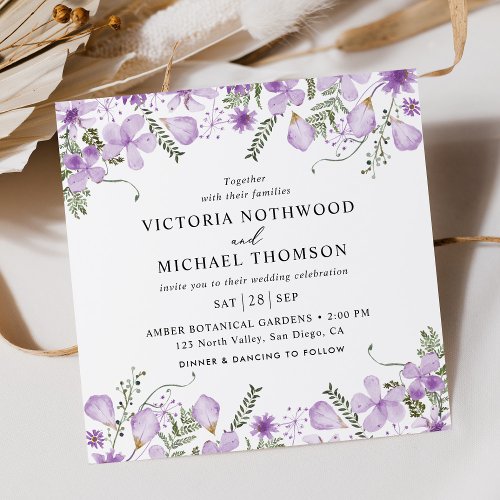 Lavender Watercolor Floral Square Wedding  Invitation