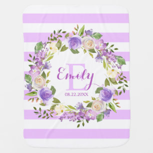 Lavender Watercolor Floral Stripes Girl Nursery Baby Blanket