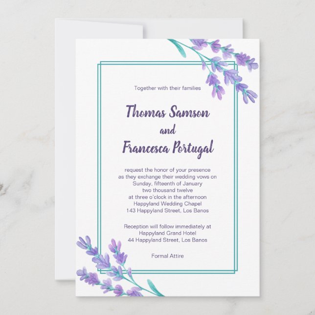 Lavender Watercolor Floral Wedding Invitation (Front)