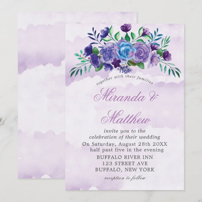 Lavender Watercolor Floral Wedding Invitations  (Front/Back)
