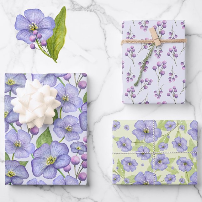 Lavender Watercolor Flowers 3 Pretty Variations Wrapping Paper Sheets (Creator Uploaded)