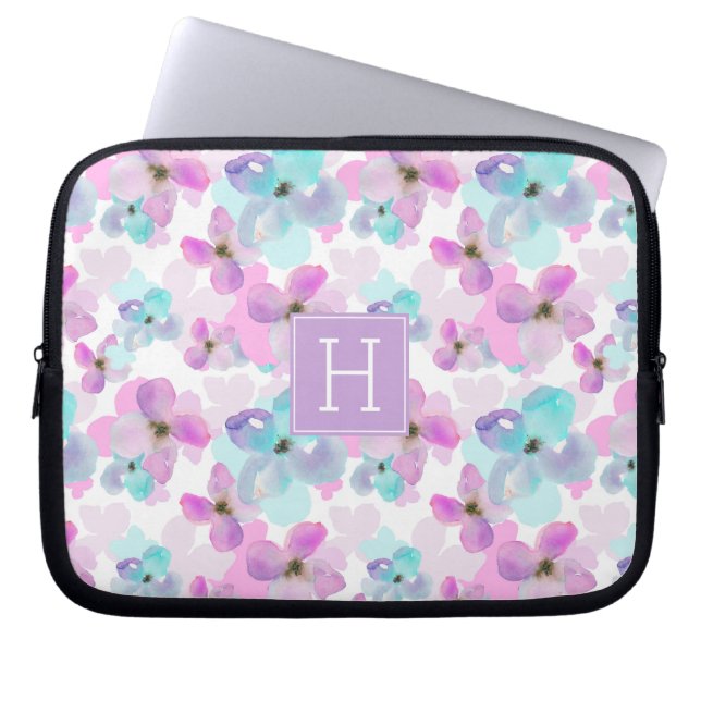Lavender Watercolor Flowers Monogram Laptop Sleeve (Front)