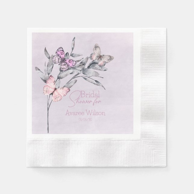 Lavender Watercolor Leaf and Butterflies Bridal   Napkins (Front)