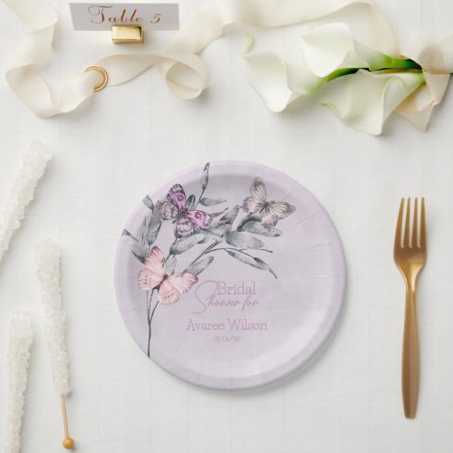 Lavender Watercolor Leaf and Butterflies Bridal  Paper Plates