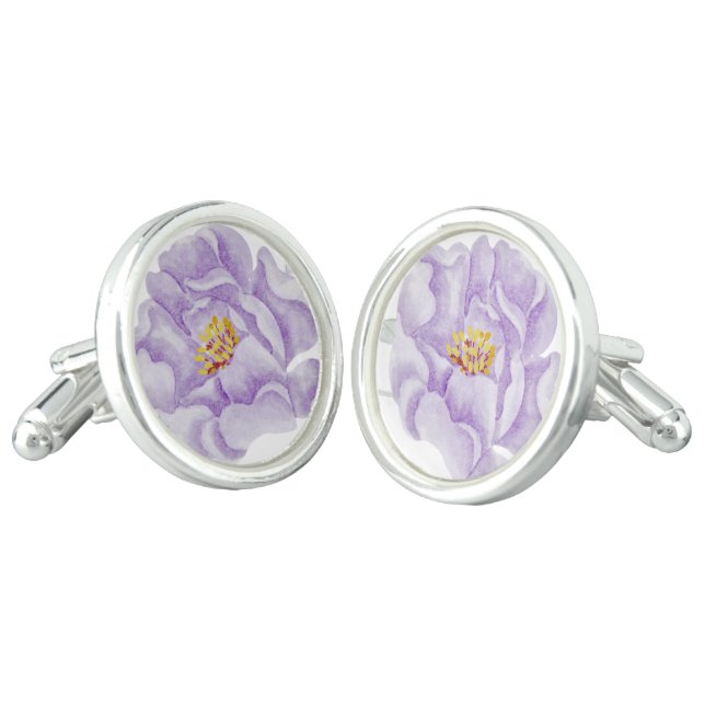 Lavender watercolor peony cufflinks (Angled)