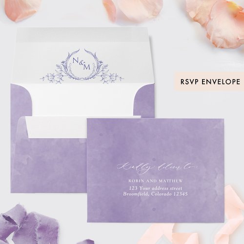 Lavender Watercolor RSVP w Return Address Crest E Envelope