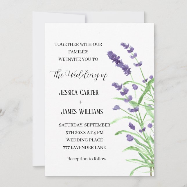 Lavender Watercolor Rustic Elegant Wedding Invitation (Front)