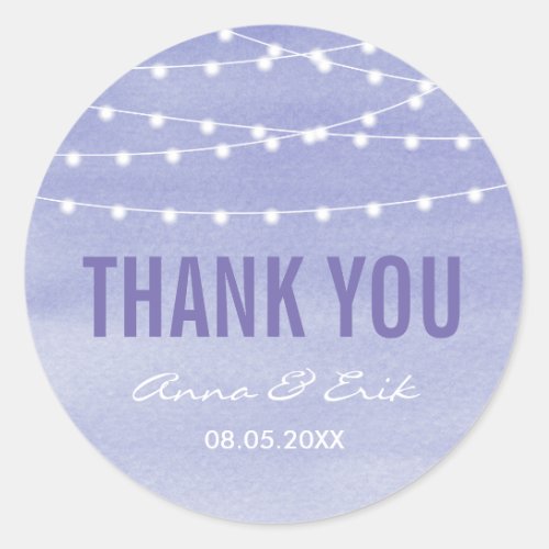 Lavender Watercolor String Lights Thank You Classic Round Sticker