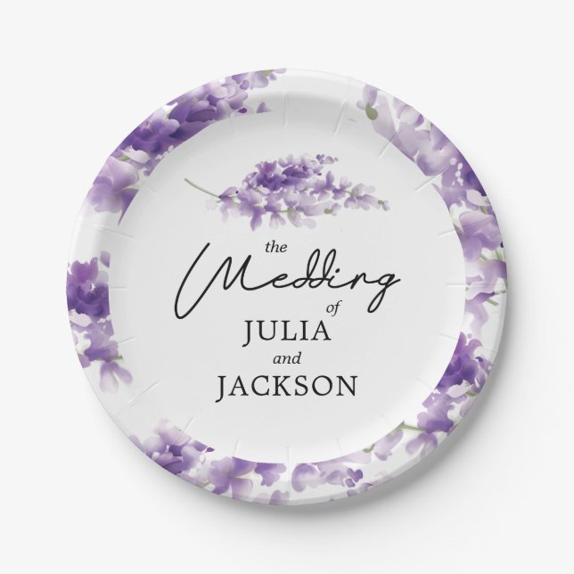 Lavender Watercolor Wedding Elegant Personalized Paper Plates (Front)