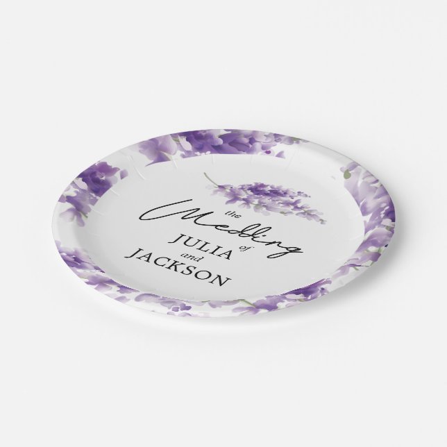 Lavender Watercolor Wedding Elegant Personalized Paper Plates (Angled)