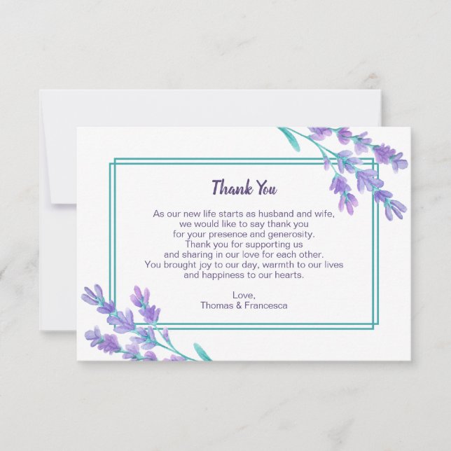 Lavender Watercolor Wedding Thank You Card (Front)