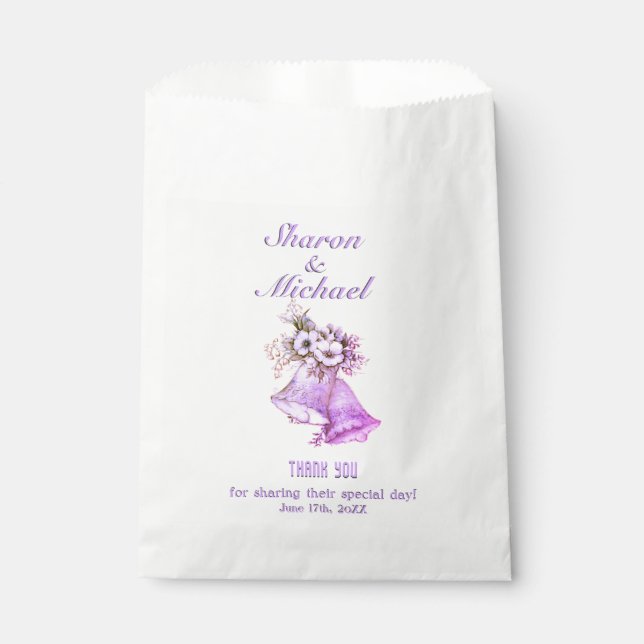 Lavender Wedding Bells Favor Bag Names and Date (Front)