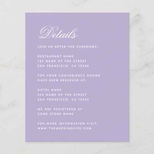 Lavender Wedding Details Budget Simple Purple Card