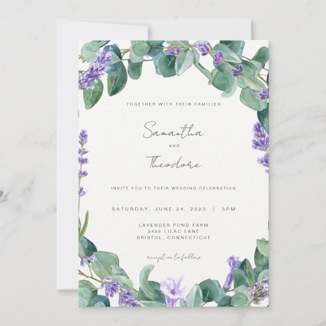 Lavender Wedding Invitation Greenery Purple Modern (Front)