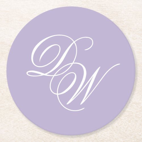 Lavender Wedding Monogram Simple Purple 2 Initials Round Paper Coaster