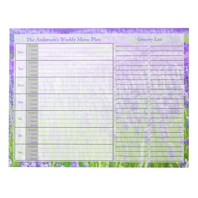 Lavender Weekly Personalized Menu Plan Notepad (Front)