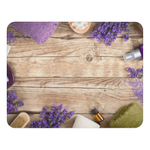Lavender Wellness Products On Wooden Table Door Sign