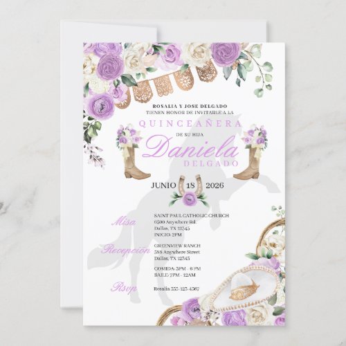 Lavender Western Boots  Roses Quinceaera Invitation