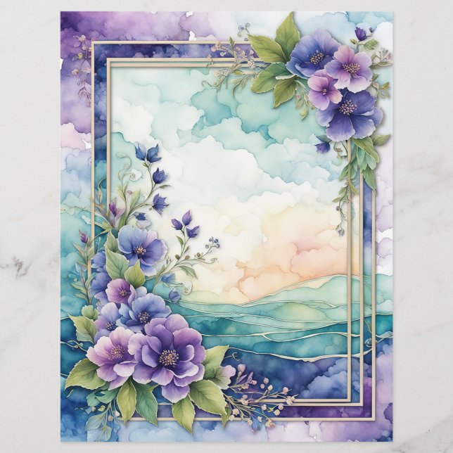 Lavender Whimsy Artistic Floral Border Paper Sheet (Front)