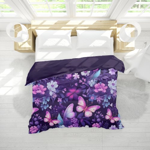 Lavender Whimsy Purple Floral Butterfly Pattern Duvet Cover