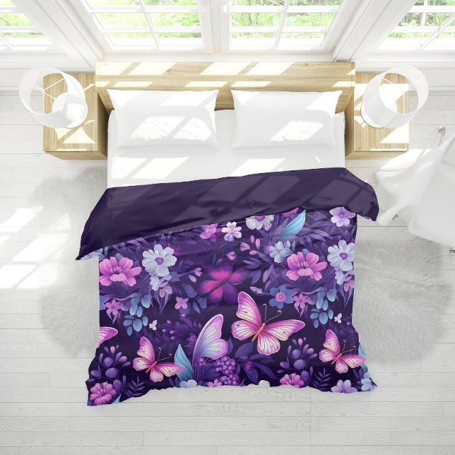 Lavender Whimsy Purple Floral Butterfly Pattern Duvet Cover (Creator Uploaded)
