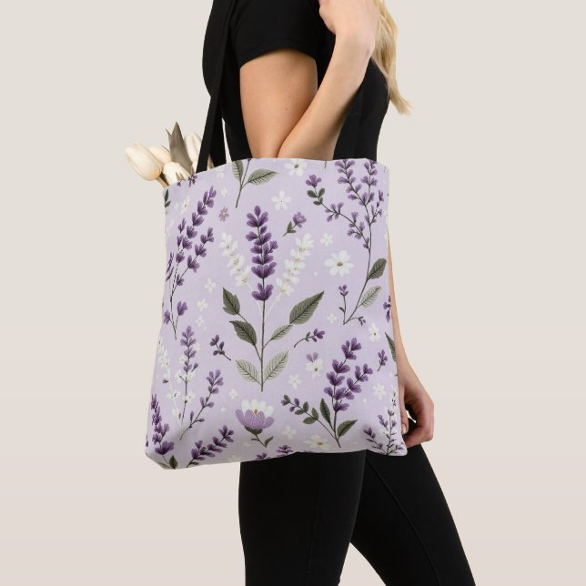 Lavender Whispers – Folk Botanical Pattern Tote Bag (Close Up)