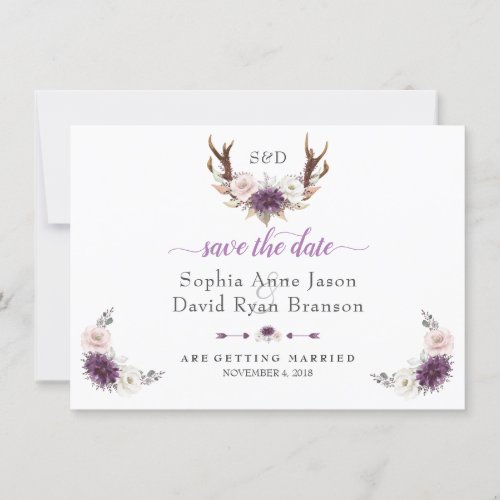 Lavender White Blush Floral Antlers Wedding Save The Date