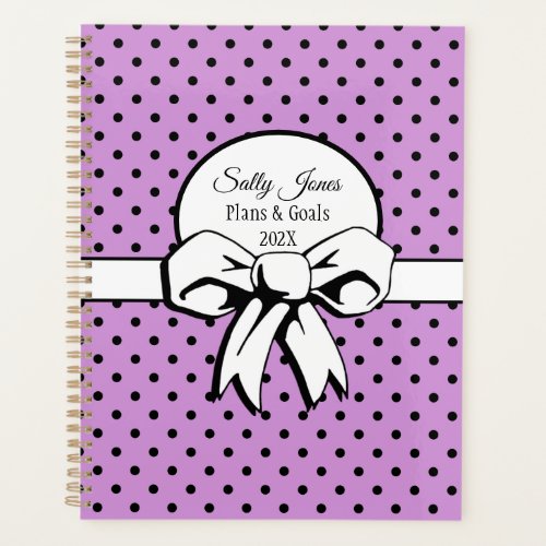 Lavender White Bow  Black Polka Dots Personalized Planner