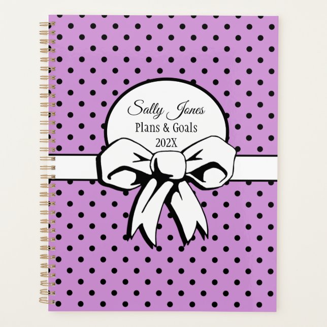 Lavender White Bow & Black Polka Dots Personalized Planner (Front)