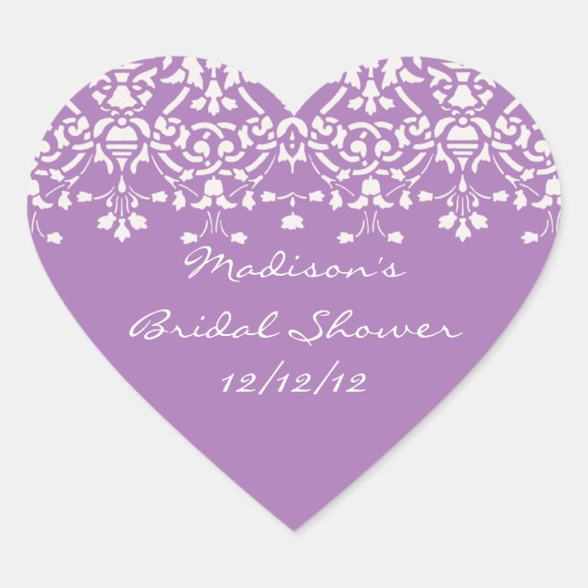 Lavender & White Damask Bride Shower Heart Sticker (Front)