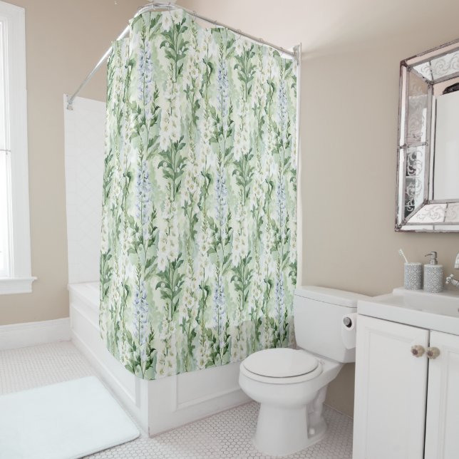 Lavender White Delphinium Flowers Bridal Shower Curtain (In Situ)