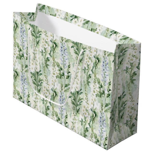 Lavender White Delphinium Flowers Bridal Shower Large Gift Bag (Front Angled)