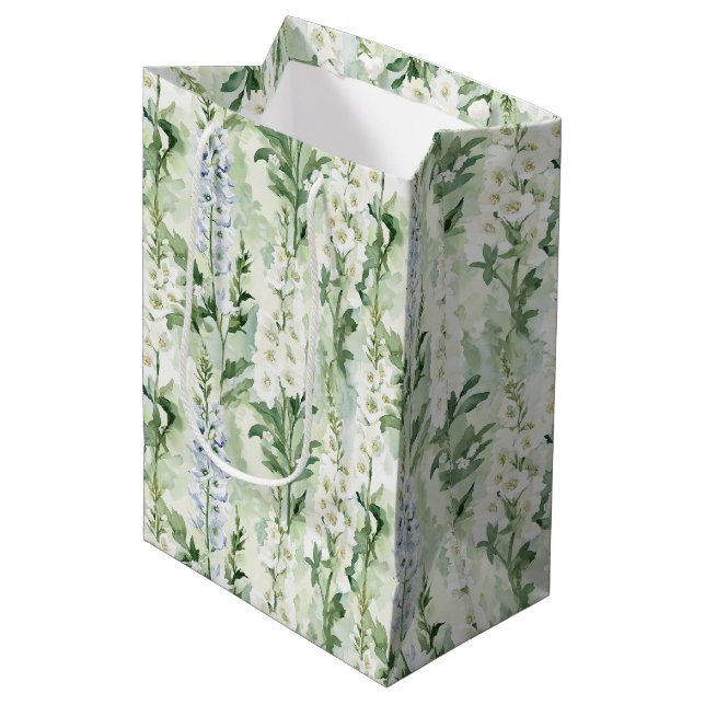 Lavender White Delphinium Flowers Bridal Shower Medium Gift Bag (Front Angled)
