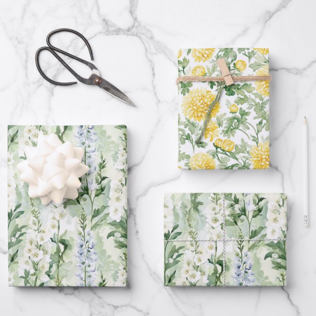 Lavender White Delphinium Flowers Bridal Shower Wrapping Paper Sheets (Front)