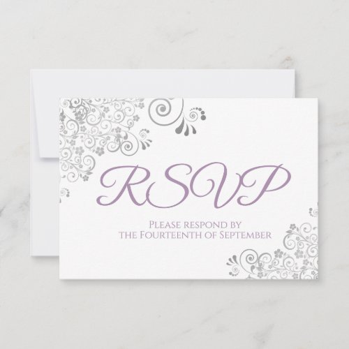 Lavender  White Elegant Silver Lace Wedding RSVP Card