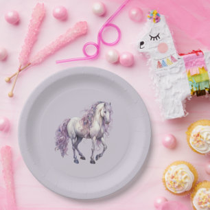 Lavender White Floral Horse Birthday Paper Plates