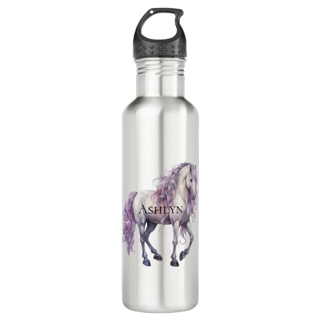 Lavender White Floral Horse  Stainless Steel Water Bottle (Front)