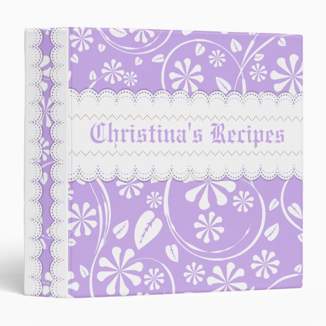 Lavender, white floral pattern & scalloped borders 3 ring binder (Front/Spine)