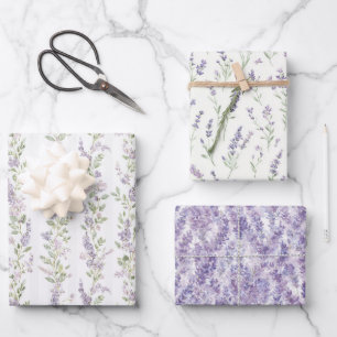 Lavender White Floral Stripes Bridal Shower Wrapping Paper Sheets