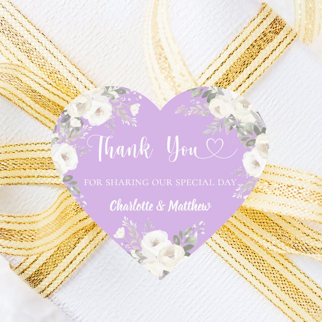 Lavender white florals heart thank you wedding heart sticker (Creator Uploaded)