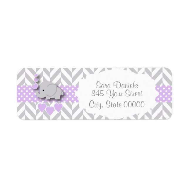 Lavender, White Gray Elephant Baby Shower 2 Label (Front)